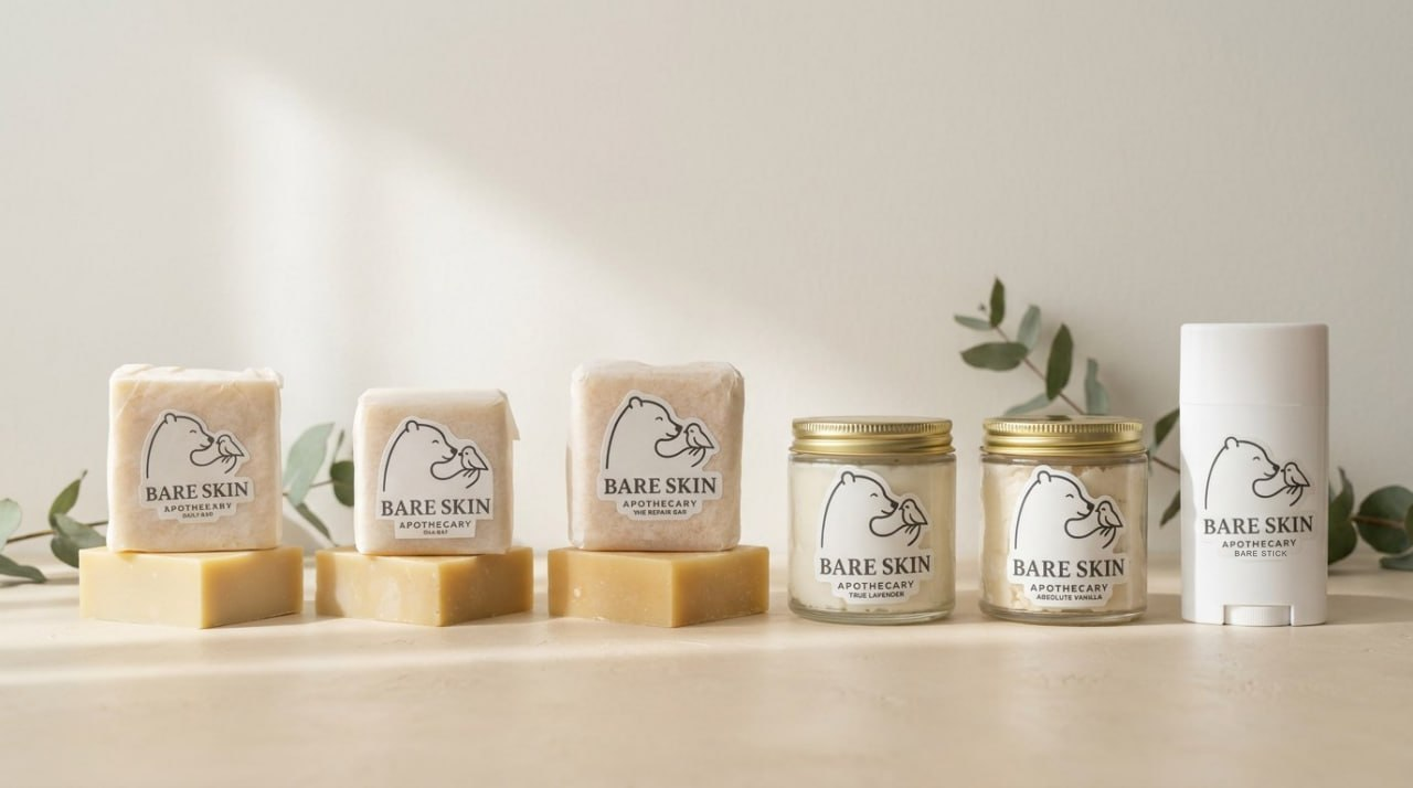 Bare Skin Apothecary collection: soap bars, body butters, and natural deodorant